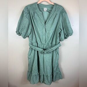 Joie Eyelet Dress Midi Belted Puff Sleeves Ruffles Sz 14 Sage Green 100% Cotton